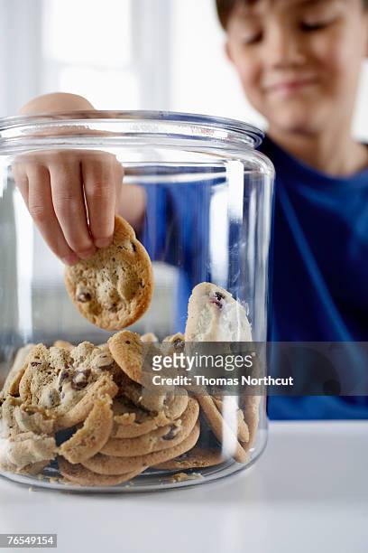 boy (6-8) reaching into cookie jar - child cookie jar stockfoto's en -beelden