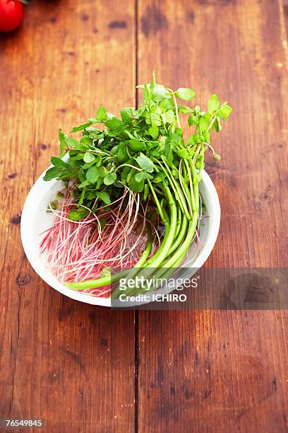 bowl of herbs on wooden table - lohas stock pictures, royalty-free photos & images