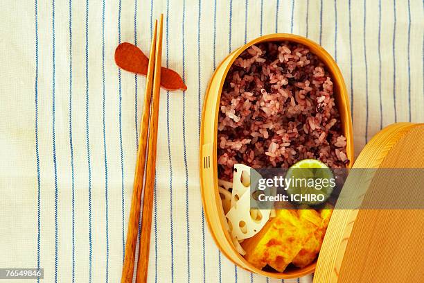 wooden lunchbox of rice on table cloth - lohas stock pictures, royalty-free photos & images