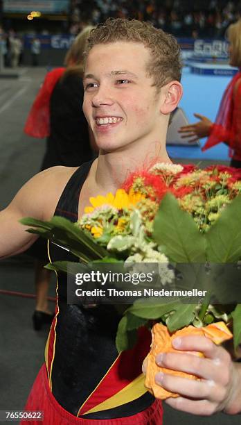 Fabian Hambuechen of Germany celebrates the 3rd place after the men's team final of the 40th World Artistic Gymnastics Championships on September 6,...