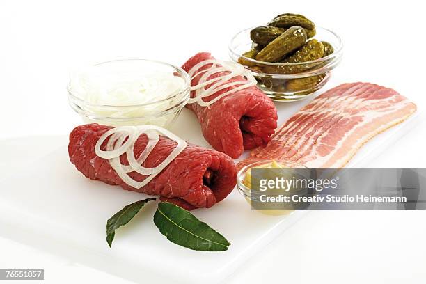 roulades with bay leaves and onion rings - filleted stock pictures, royalty-free photos & images