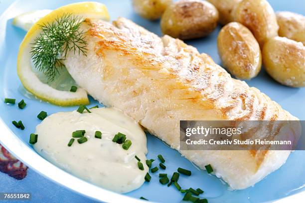 codfish and remolade with roast potatoes, close-up - torsk bildbanksfoton och bilder