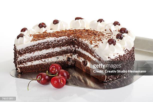 black forest cake and fresh cherries - black forest gateau stock-fotos und bilder
