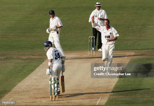 Robin Martin Jenkins of Sussex celebrates getting the wicket of Jacques Rudolph of Yorkshire during the LV County Championship Division One match...