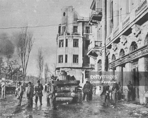German panzers rolls through the streets of Kharkov in the Ukraine during World War II, having taken the city, circa 1942.