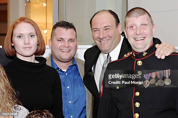 First Lt. Dawn Halfaker, Cpl. Jake Schick, James Gandolfini and Cpl. Michael Jernigan at the HBO Premiere of "Alive Day Memories: Home from Iraq" at...