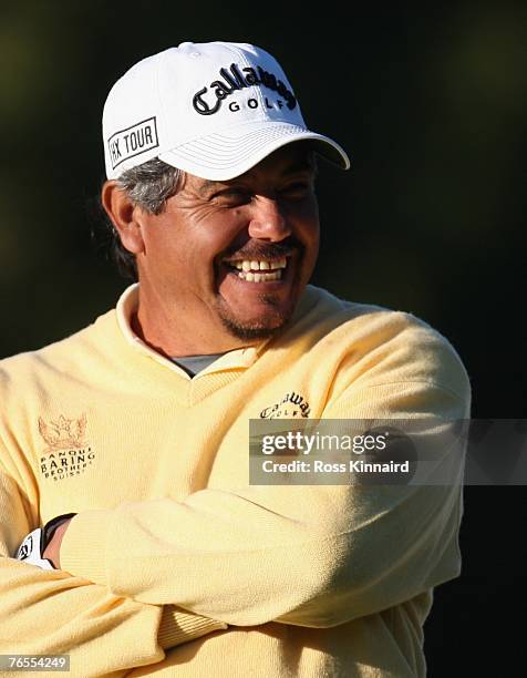 Eduardo Romero of Argentina plays his second shot on the par five 14th hole during the first round of the Omega European Masters at the...