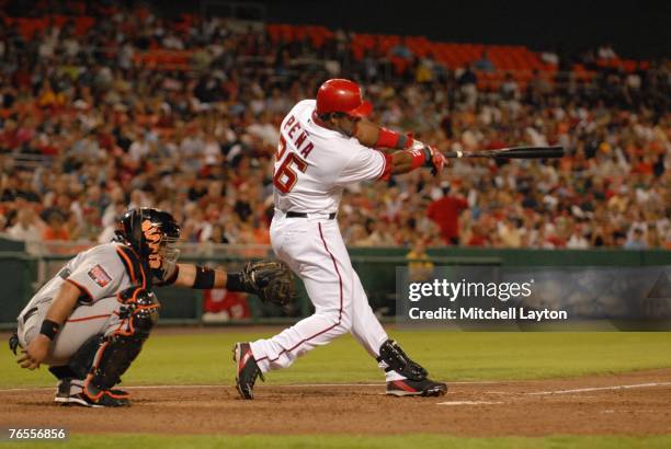 Wily Mo Pena of the Washington Nationals bats during a baseball game against the San Francisco Giants on August 31, 2007 at RFK Stadium in Washington...