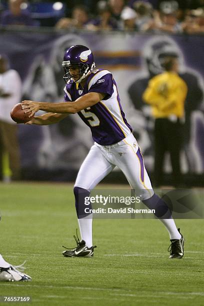 Chris Kluwe of the Minnesota Vikings punts against the Dallas Cowboys on August 30, 2007 at the Metrodome in Minneapolis, Minnesota. The Vikings won...