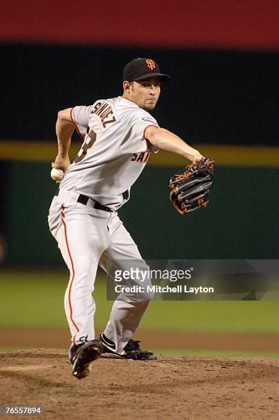 Jonathan Sanchez of the San Francisco Giants pitches during a baseball game against the Washington Nationals on September 1, 2007 at RFK Stadium in...