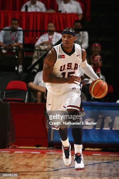 Carmelo Anthony of the USA Men's Senior National Team moves the ball up court during the second round of the 2007 FIBA Americas Championship against...