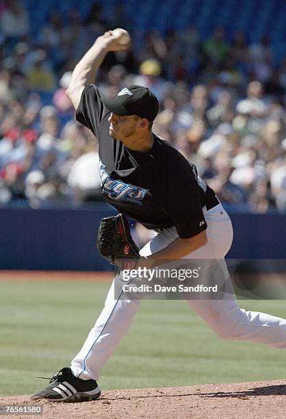 Dustin McGowan of the Toronto Blue Jays throws a pitch against the Seattle Mariners during their MLB game at the Rogers Centre September 1, 2007 in...