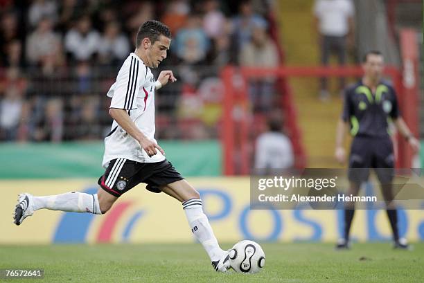 September 07: Deniz Naki of Germany shoots the 2:0 penalty goal during the U19 international friendly match between Germany and the Netherlands at...