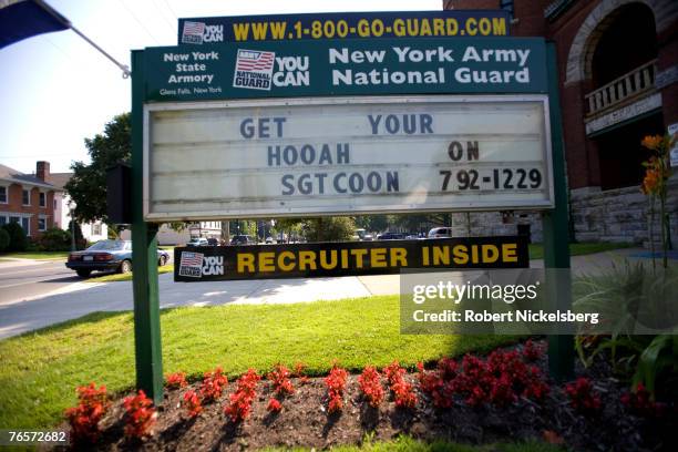 Outside the Glens Falls Armory on August 1 a US Army recruiting sign advertises joining up for the New York State National Guard in Glens Falls, New...