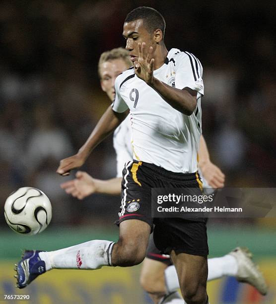 September 07: Eric Maxim Moting of Germany is seen in action during the U19 international friendly match between Germany and Netherlands at the...