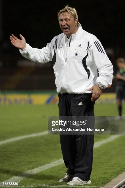 September 07: Head coach Horst Hrubesch of Germany gestures during the U19 international friendly match between Germany and Netherlands at the...