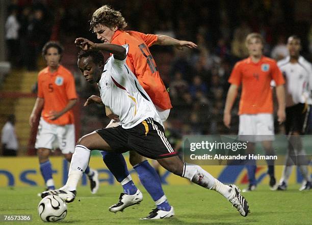 September 07: Savio Nsereko of Germany competes with Eelco Horsten of the Netherlands during the U19 international friendly match between Germany and...