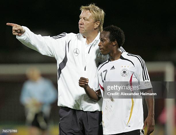 September 07: Head coach Horst Hrubesch of Germany talks with Savio Nsereko during the U19 international friendly match between Germany and...