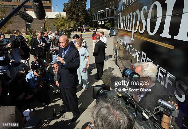 Actor and former U.S. Senator Fred Thompson speaks outside his campaign bus following a stop September 7, 2007 in Sioux City, Iowa. This is...