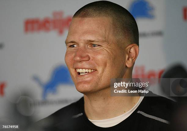 Detroit Lions quarterback Jon Kitna talks with the media after the Detroit Lions Mini-Camp at the Detroit Lions Training Facility in Allen Park,...