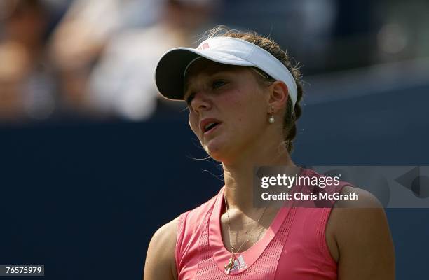 Anna Chakvetadze of Russia looks on against Svetlana Kuznetsova of Russia during day twelve of the 2007 U.S. Open at the Billie Jean King National...