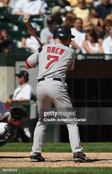 Drew of the Boston Red Sox at bat during the MLB game against the Chicago White Sox on August 26, 2007 at U.S. Cellular Field in Chicago, Illinois....