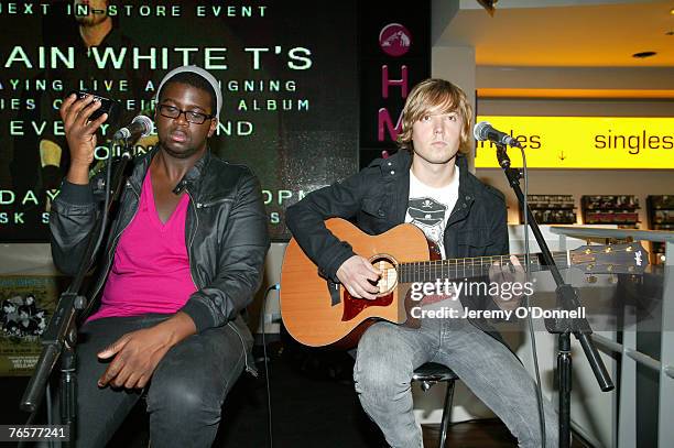 Drummer De'Mar Hamilton and Dave Tirio of Plain White T's perform in-store at HMV Oxford Circus to celebrate the release of their new album "Every...