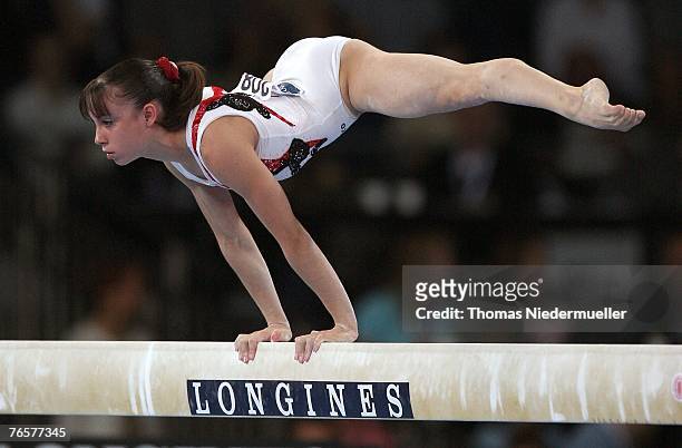 Vaness Ferrari of Italy performs on the beam during the woman's individual finals of the 40th World Artistic Gymnastics Championships on September 7,...