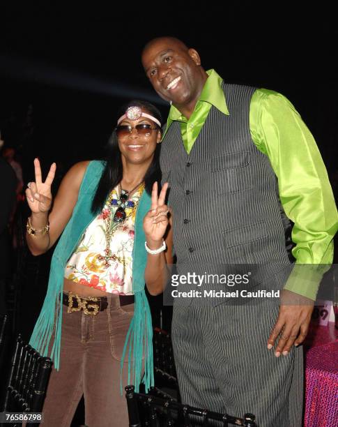 Cookie Johnson and Magic Johnson at the Cove Atlantis Grand Opening weekend Silly 70's Night on May 12, 2007 on Paradise Island in the Bahamas .