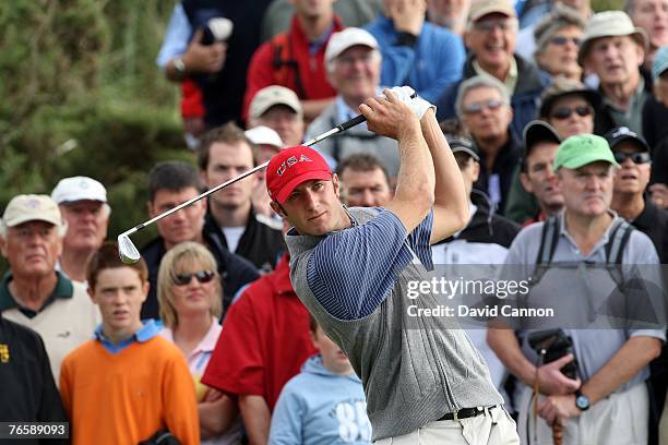 Dustin Johnson of the USA hits his tee shot at the par 4, 5th hole during the morning foursomes matches in the 2007 Walker Cup Matches on the links...