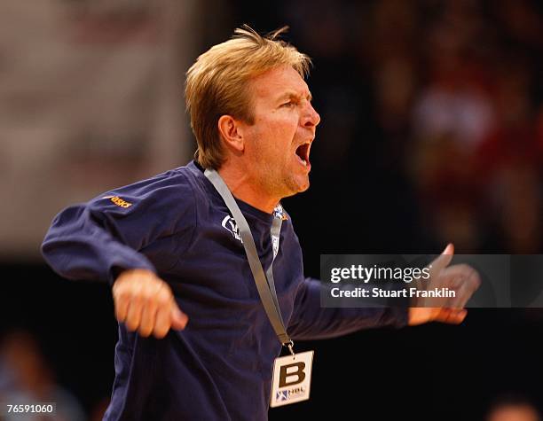 Trainer of Hamburg Martin Schwalb reacts during the Bundesliga Handball match between HSV Hamburg and TV Grosswallstadt at the Colorline Arena on...