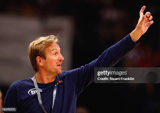 Trainer of Hamburg Martin Schwalb gestures during the Bundesliga Handball match between HSV Hamburg and TV Grosswallstadt at the Colorline Arena on...