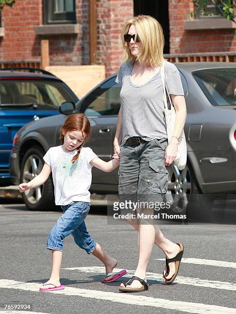 Actress Julianne Moore and daughter Liv Helen Freundlich sighting walking in the West Village on September 7, 2007 in New York City.