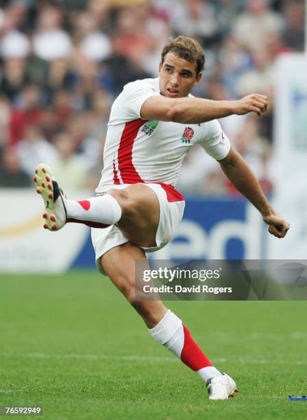 Olly Barkley of England kicks at goal during the Rugby World Cup 2007 match between England and the USA at the Stade Felix Bollaert on September 8,...