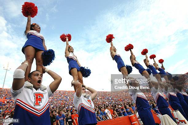 Cheerleaders for the Florida Gators perform while taking on the Troy Trojans at Ben Hill Griffin Stadium on September 8, 2007 in Gainesville, Florida.