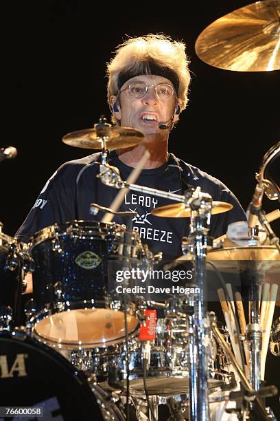 Drummer Stuart Copeland of The Police performs at Twickenham Rugby Stadium September 8, 2006 in London, England.