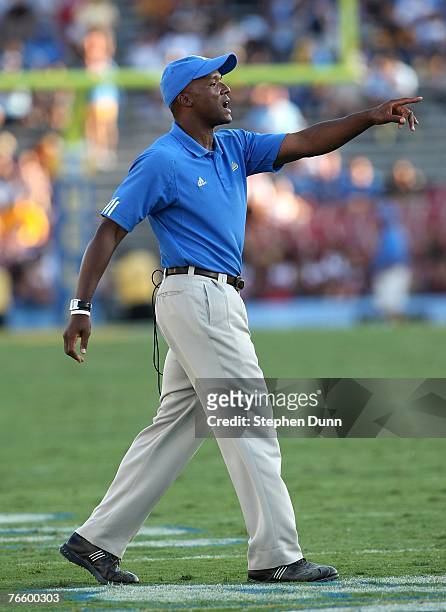 Head coach Karl Dorrell of the UCLA Bruins gestures during the game with the BYU Cougars on September 8, 2007 at the Rose Bowl in Pasadena,...