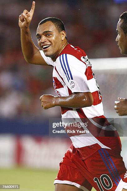 Dallas midfielder Denilson celebrates his first goal as a player for FC Dallas during the FC Dallas game against Toronto FC on September 8, 2007 at...