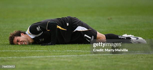 Daniel of the Phoenix lies injured on the ground during the round three A-League match between Wellington Phoenix and the Newcastle Jets at Westpac...