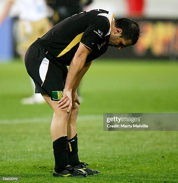 Phoenix captain Ross Aloisi is dejected after a missed goal during the round three A-League match between the Wellington Phoenix and the Newcastle...