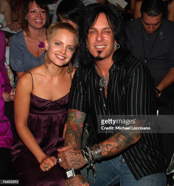 Actress Mena Suvari and musician Nikki Sixx at Catherine Malandrino Spring 2008 during Mercedes-Benz Fashion Week at The Chelsea Art Museum on...
