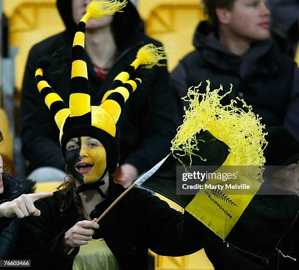 Phoenix fan in action during the round three A-League match between the Wellington Phoenix and the Newcastle Jets at Westpac Stadium on September 9,...