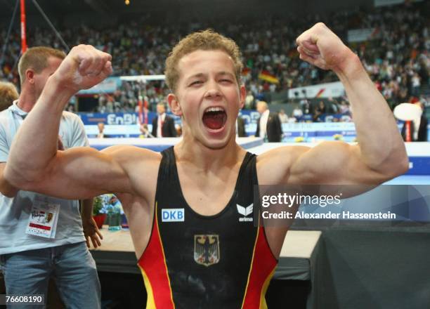 Fabian Hambuechen of Germany celebrates winning the men?s High Bar final competition of the 40th World Artistic Gymnastics Championships on September...