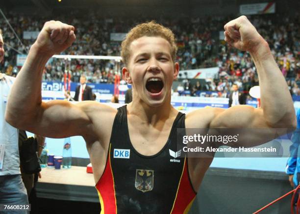 Fabian Hambuechen of Germany celebrates winning the men?s High Bar final competition of the 40th World Artistic Gymnastics Championships on September...