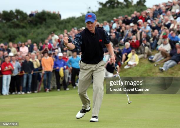 Daniel Willett of England celebrates a birdie putt on the 16th green during his match in the afternoon singles matches of the 2007 Walker Cup Matches...