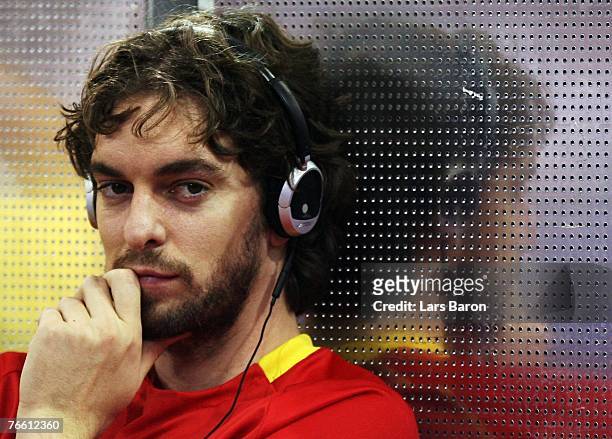 Pau Gasol of Spain looks on prior to the FIBA EuroBasket 2007 qualifying round Group E match between Russia and Spain at the Telefonica Arena on...