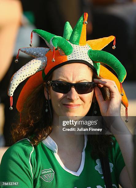 An Ireland fan enjoys the sunshine prior to Match Eight of the Rugby World Cup 2007 between Ireland and Namibia at the Stade Chaban-Delmas on...