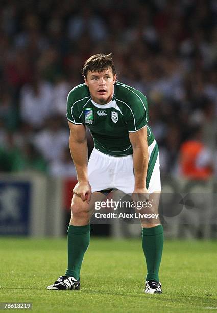 Brian O'Driscoll of Ireland takes a breather during Match Eight of the Rugby World Cup 2007 between Ireland and Namibia at the Stade Chaban-Delmas on...