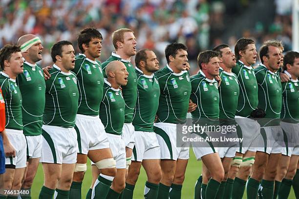 The Ireland players line up for the national anthems at the start of Match Eight of the Rugby World Cup 2007 between Ireland and Namibia at the Stade...