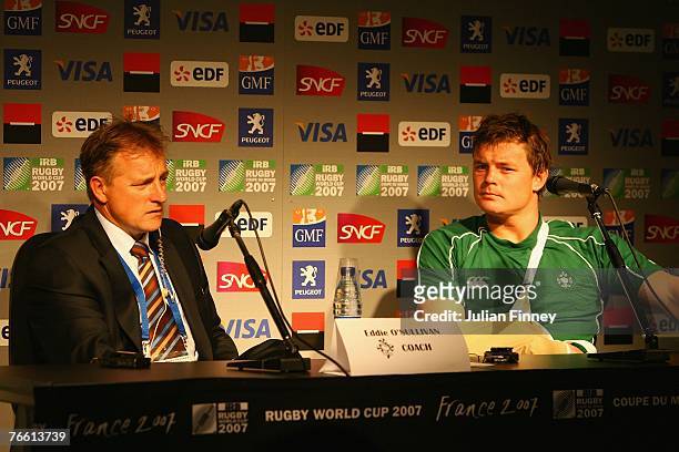 Eddie O'Sullivan, coach of Ireland and Brian O'Driscoll talk to the media after the Match Eight of the Rugby World Cup 2007 between Ireland and...